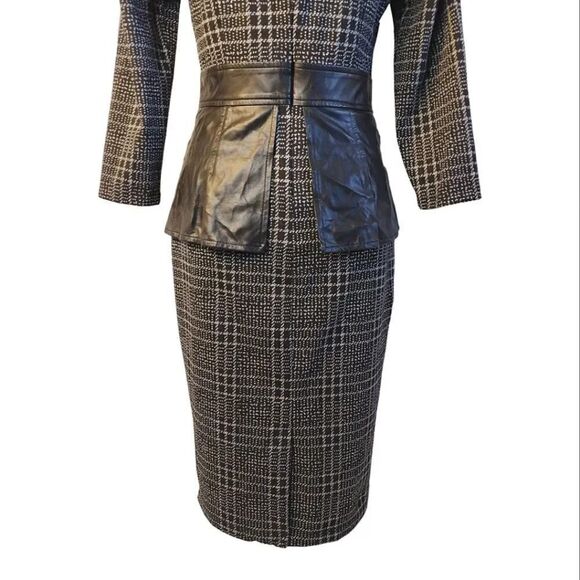 New York & Co Black Plaid Vegan Leather Bow Sheath Midi Dress Small - Picture 14 of 16